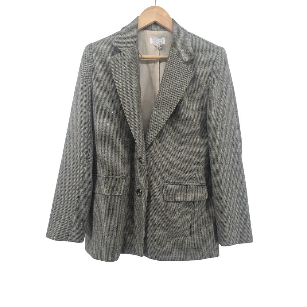 Foxcroft Blazer Womens 4 Wool Silk Plaid Brown Gray Lined Professional EUC